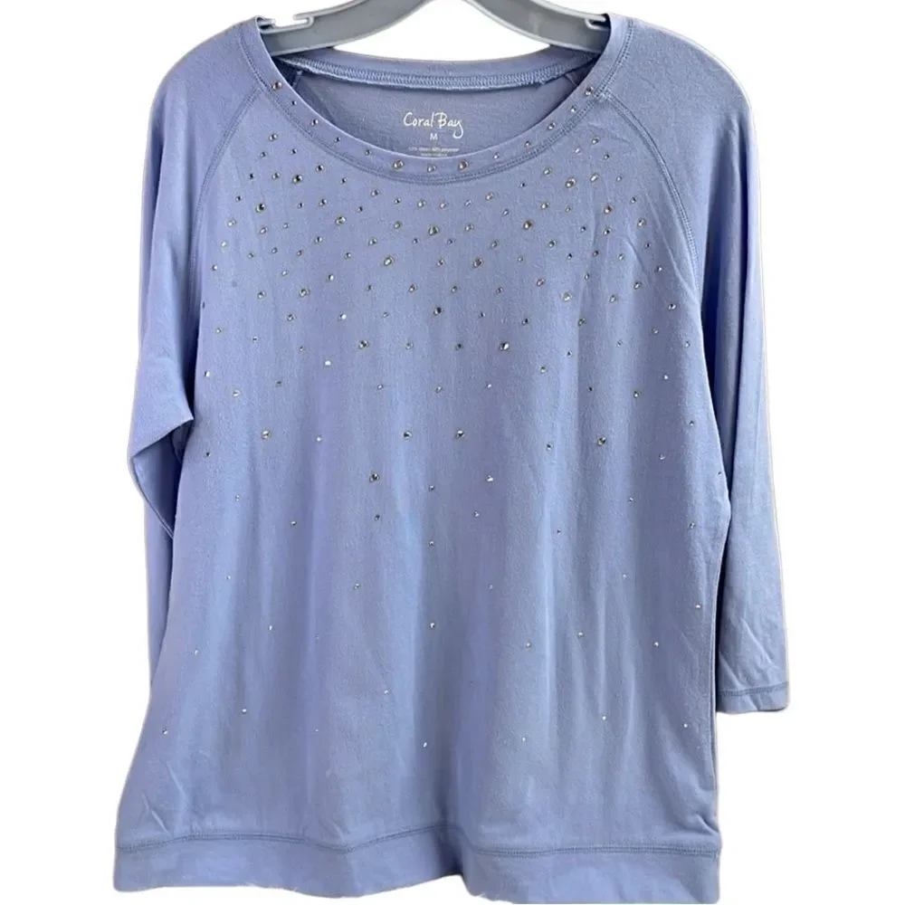 Coral Bay Ladies Rhinestone Scoop Neck Top, Size Medium, Blue